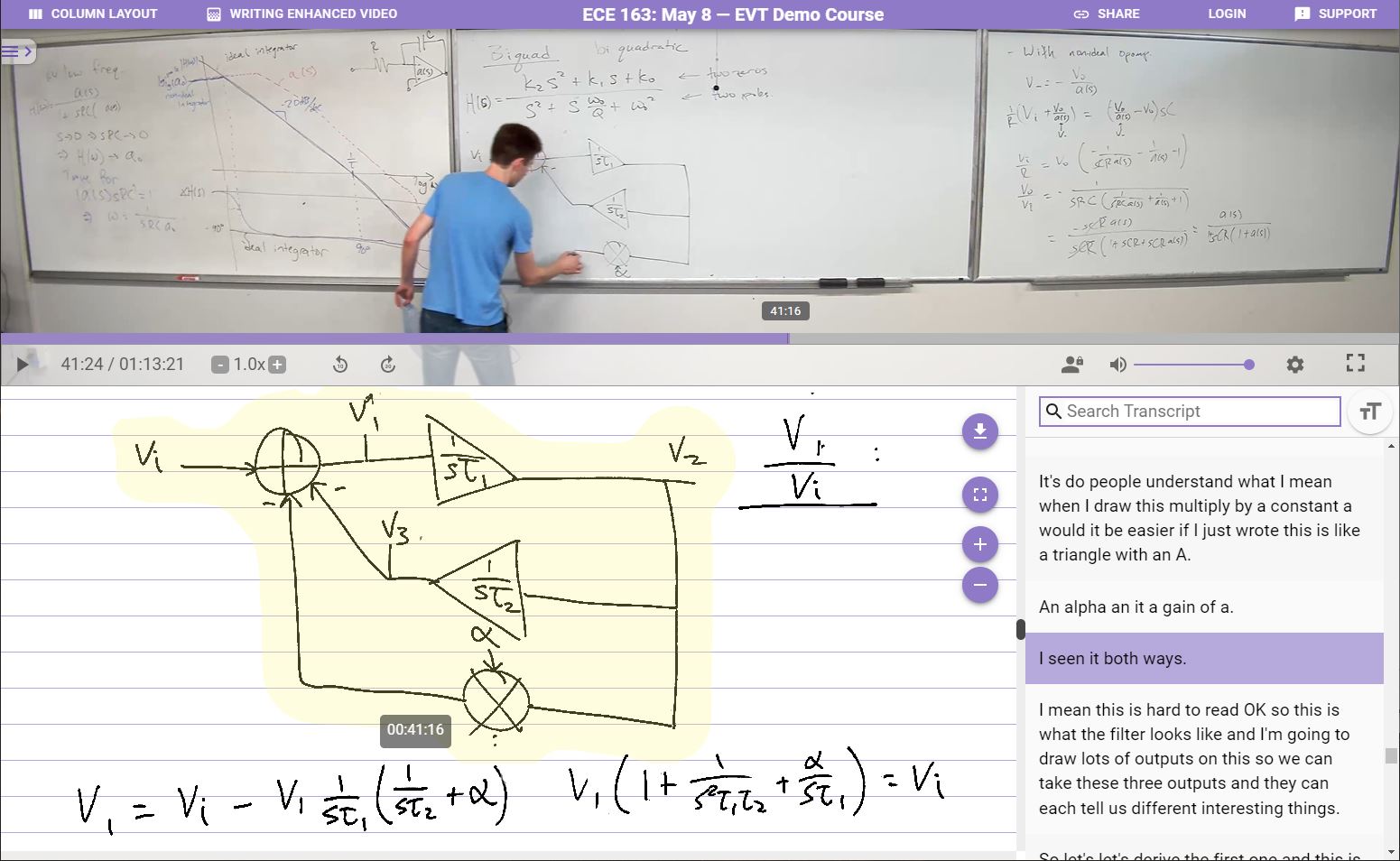 screenshot of the evt web platform, showing a electrical engineering class taught on a whiteboard.