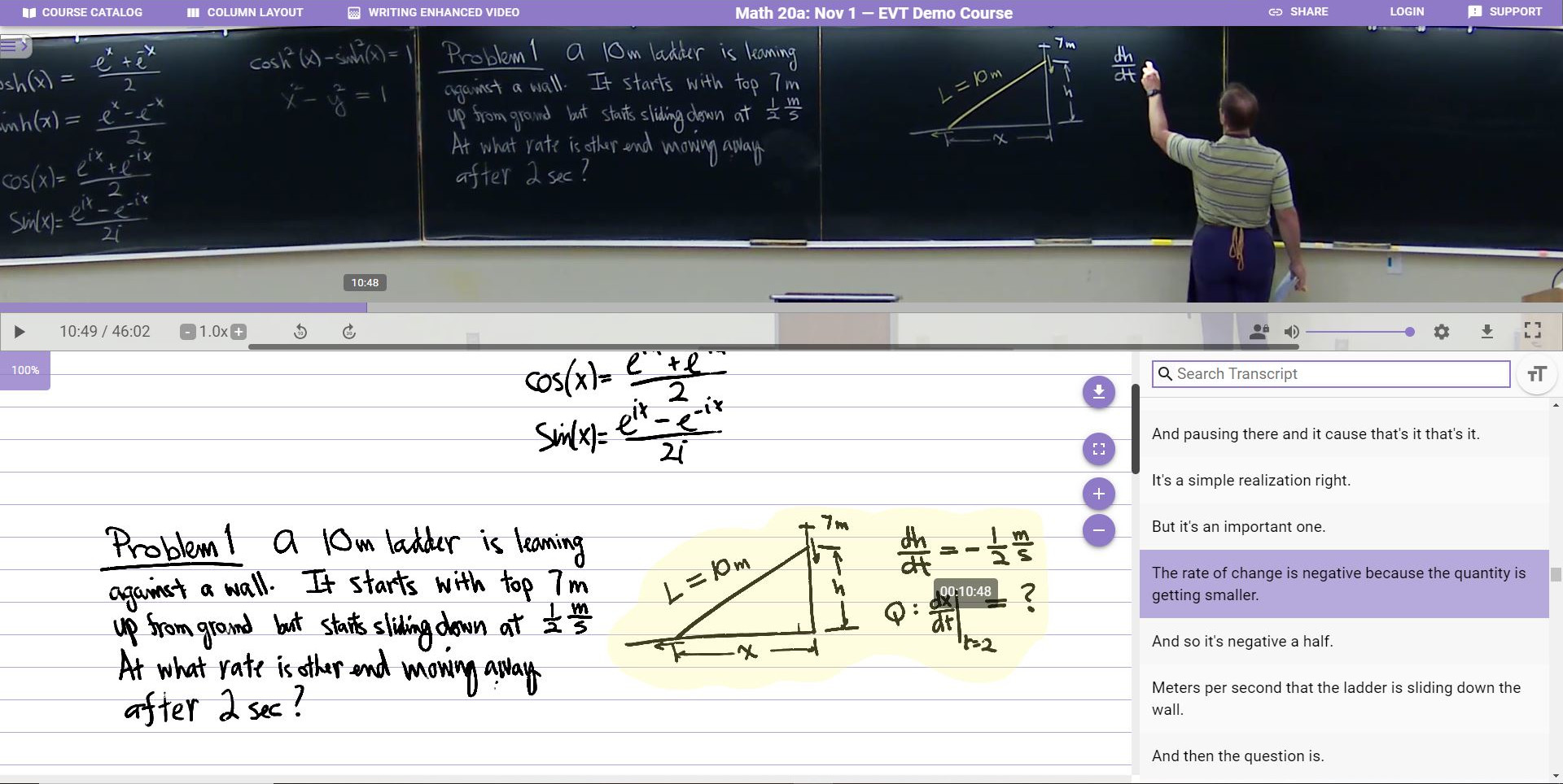 screenshot of the evt web platform, showing a calculus class taught on a chalkboard.